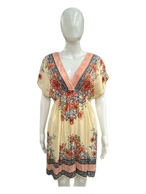 Angie Cream Floral V-Neck Tunic with Coral and Gray Accents Size XS